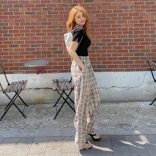 Band-waist Plaid Wide-leg Dress Pants