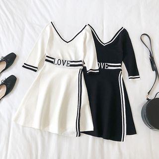 Set Of 2: V-neck Elbow-sleeve Knit Top + A-line Skirt