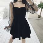 Long-sleeve Dotted Mesh Panel A-line Dress Black - One Size