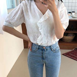 Eyelet-lace Trim Embroidered Blouse Ivory - One Size