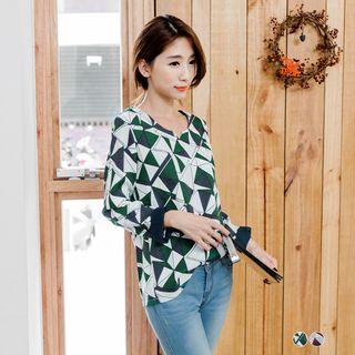 Color-block V-neck Print Top
