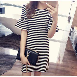 Striped Bell-sleeve Mini T-shirt Dress