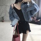 Stand-collar Fringed Loose-fit Cropped Denim Jacket