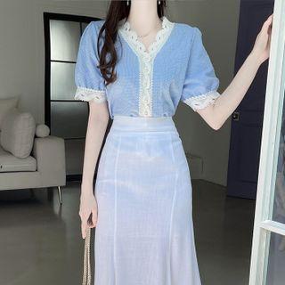 Faux-pearl Lace-trim Gingham Blouse