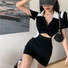 Short-sleeve Cutout Two Tone Mini Polo Dress