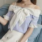 Bow Off-shoulder Striped Elbow-sleeve Chiffon Top