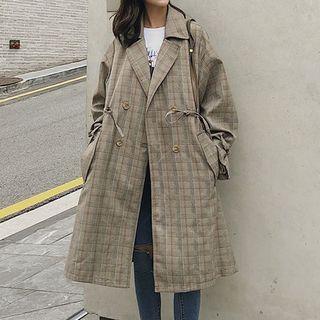 Plaid Double Breasted Long Trench Coat