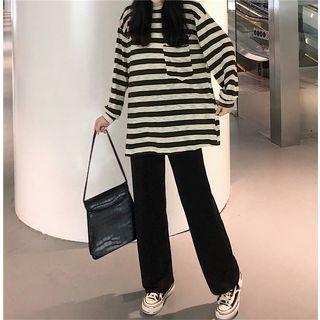 Striped Long-sleeve T-shirt / High Waist Straight-cut Pants
