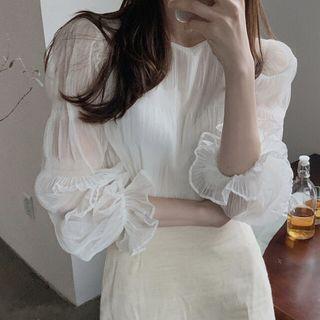 Lantern-sleeve Plain Chiffon Top