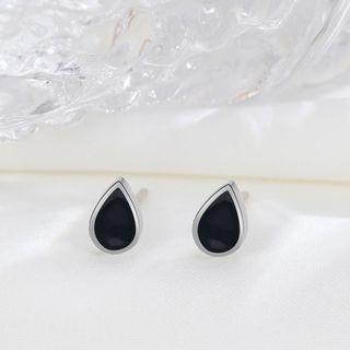 Teardrop Stud Earring 1 Pair - Silver & Black - One Size