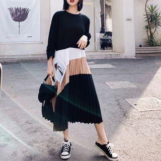 Long-sleeve Color Block Midi Shift Dress
