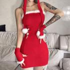 Spaghetti Strap Mini Bodycon Dress / Fluffy Jacket / Cat Ear Beanie