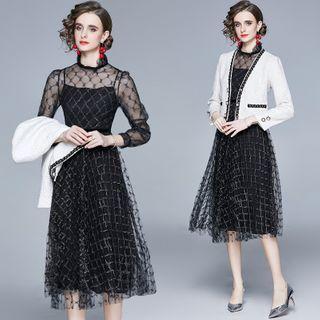 Set: V-neck Button-up Jacket + Mesh Midi A-line Dress