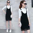 Set: Plain Long-sleeve T-shirt + Lace Hem Pinafore Dress