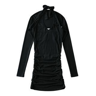 Set: Halter-neck Sheath Dress + Long-sleeve Crop Top