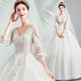 3/4-sleeve Beaded A-line Wedding Gown