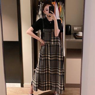 Set: Short-sleeve T-shirt + Spaghetti Strap Plaid Midi Dress