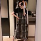 Set: Short-sleeve T-shirt + Spaghetti Strap Plaid Midi Dress