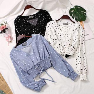 V-neck Puff-sleeved Dot Chiffon Shirt