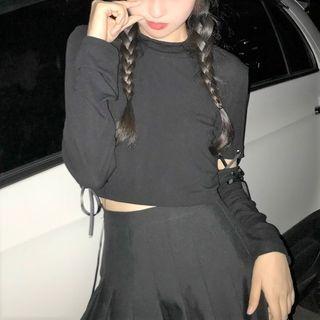 Long-sleeve Lace-up Crop Top Black - One Size