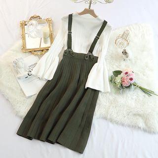 Flared-cuff Ribbed Knit Top / Knit Suspender Skirt