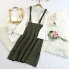 Flared-cuff Ribbed Knit Top / Knit Suspender Skirt