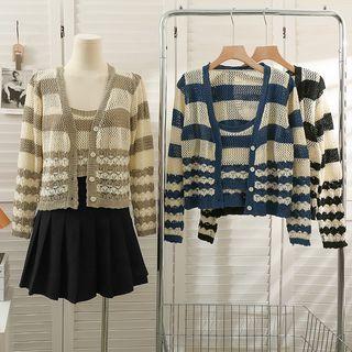 Set: Open-knit Striped Crop Tank Top + Light Cardigan