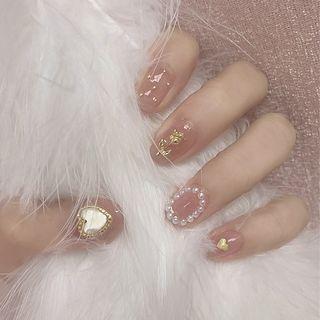 Heart Faux Nail Tips 645 - Gold Heart - Pink - One Size