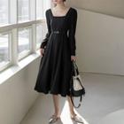 Square-neck Long Flare Dress Black - One Size