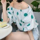 Elbow-sleeve Off-shoulder Dotted Blouse