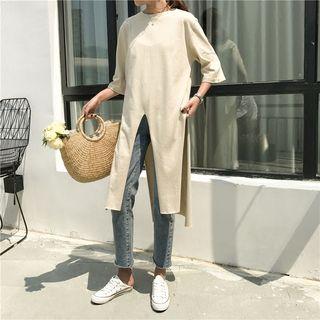 Elbow-sleeve Slit Hem Long Top