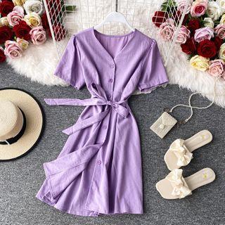 V-neck Tied-waist Slim Cut A-line Skirt