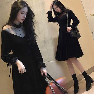 Long-sleeve Mesh Paneled Midi A-line Dress