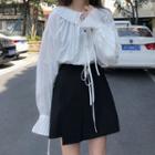 Long-sleeve Lace Up Blouse / Mini A-line Skirt