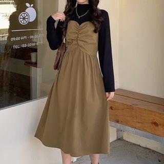 Long-sleeve Mock-neck Ruched Midi A-line Dress