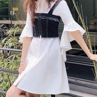 Set: Elbow-sleeve A-line Shirt Dress + Denim Camisole Top