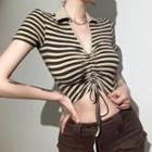 Short-sleeve Collar Striped Drawstring Cropped T-shirt