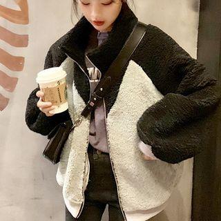 Two-tone Faux Shearling Zip Jacket As Shown In Figure - One Size