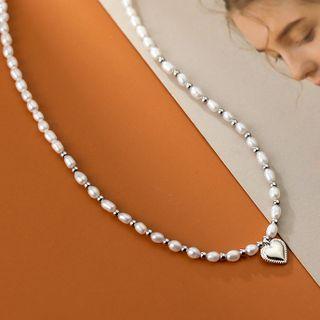 Faux Pearl Heart Necklace 1 Pc - Silver & White - One Size