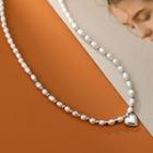 Faux Pearl Heart Necklace 1 Pc - Silver & White - One Size