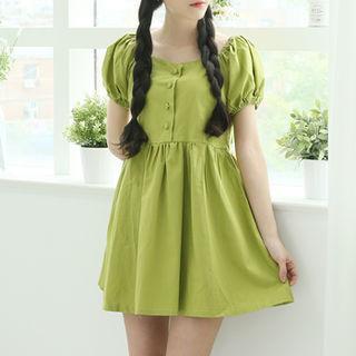 Puff-sleeve Mini Shirtwaist Dress Green - One Size