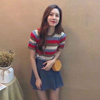 Set: Short Sleeve Striped Top + A-line Skirt