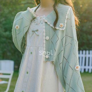 Floral Argyle Stitched Collared Cardigan