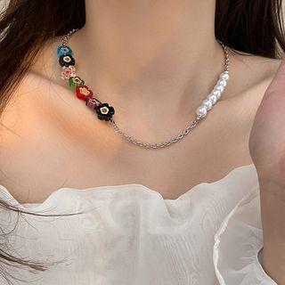 Flower Faux Pearl Alloy Choker 1 Pc - Silver - One Size