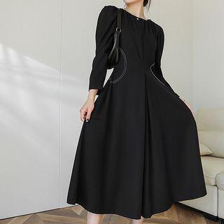 Long-sleeve Contrast Stitching Midi A-line Dress
