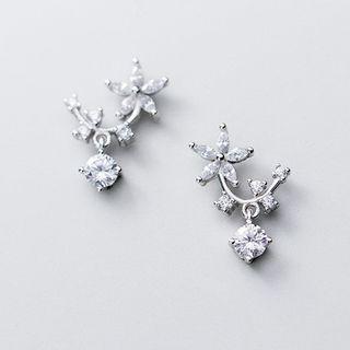 925 Sterling Silver Rhinestone Floral Stud Earring S925silver - Earrings - One Size