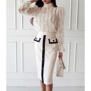 Contrast-trim Flap-detail Buttoned H-line Skirt