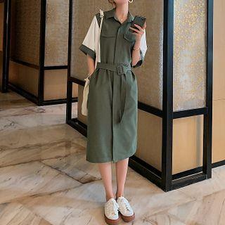 Elbow-sleeve Belted Midi Shirt Dress