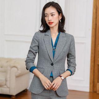 Plaid One-button Blazer / Long-sleeve Blouse / Dress Pants