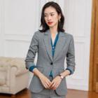 Plaid One-button Blazer / Long-sleeve Blouse / Dress Pants